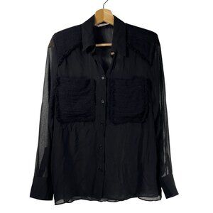 Zara Women's Sheer Button Up Blouse Tweed Pockets Shoulder Pad Black Size S